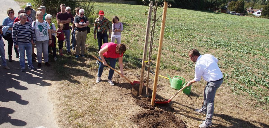 Bundestagsabgeordneter Timon Gremmels und Landtagsabgeordnete Manuela Strube spendeten einen „Gravensteiner“-Apfelbaum anlässlich des 1000-jährigen Jubiläums von Vollmarshausen und pflanzten ihn am 14.09. fachmännisch ein.