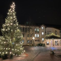 Blick auf den weihnachtlich beleuchteten Rathausplatz Lohfelden mit Weihnachtsbaum und Lichtern am Rathaus.