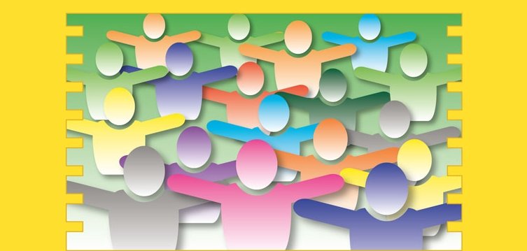 WER SIND DIE KÖPFE? – KEIN GEHEIMNIS! Auf gelbem Hintergrund befindet sich eine Briefmarke, auf der bunte Menschen gezeichnet wurden, dern Köpfe wie bunte Smarties aussehen.