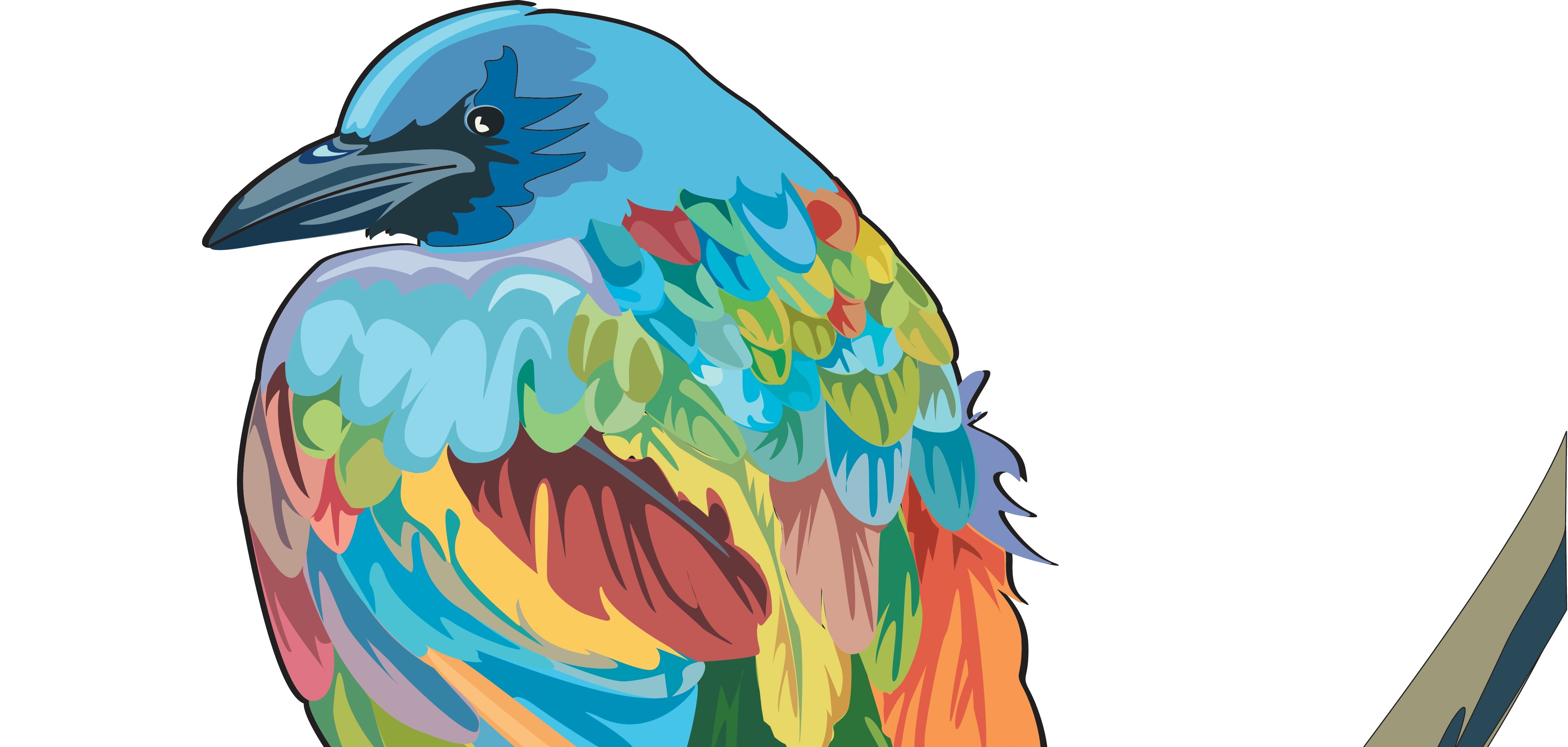 Gezeichneter Rabe mit buntem Gefieder.