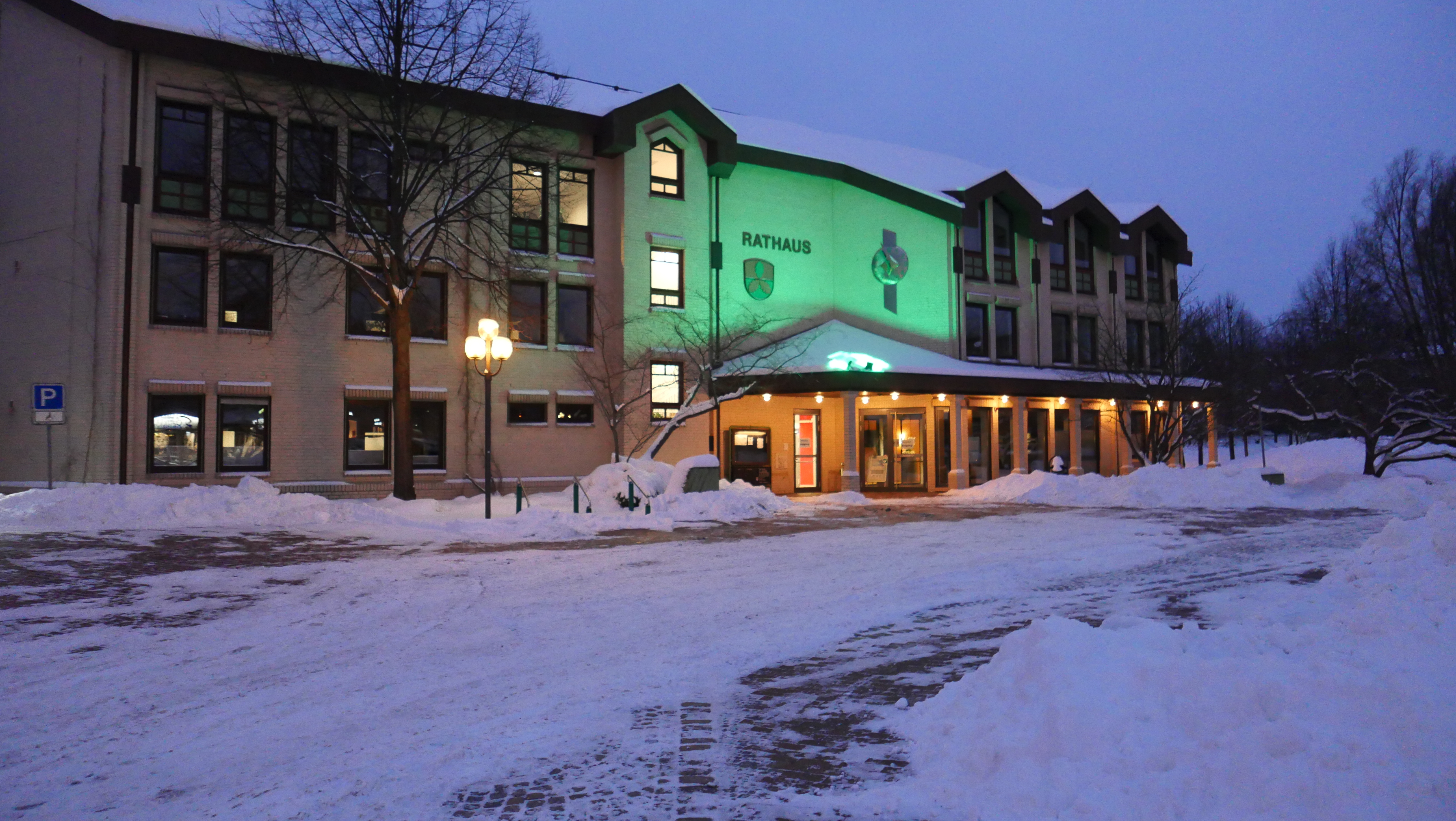Blick auf das grün angestrahlte Rathaus.