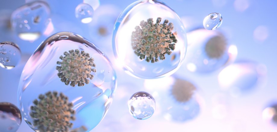 Superstarke Vergrößerung von Coronavirus-Partikeln (wie bei der aktuellen SARS-CoV-2-Pandemie), die durch winzige, durch die Luft schwebende Flüssigkeitströpfchen (Aerosole) verbreitet werden. Illustration für Übertragungswege: Tröpfchen- und Aerosolinfektion.