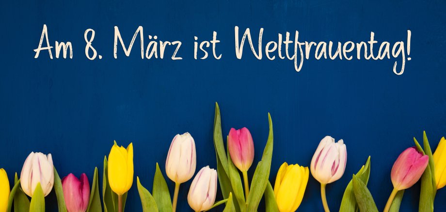 Schriftzug "Am 8. März ist Weltfrauentag" in weiß auf blauem Holz; rosa Tulpen am unteren Bildrand.