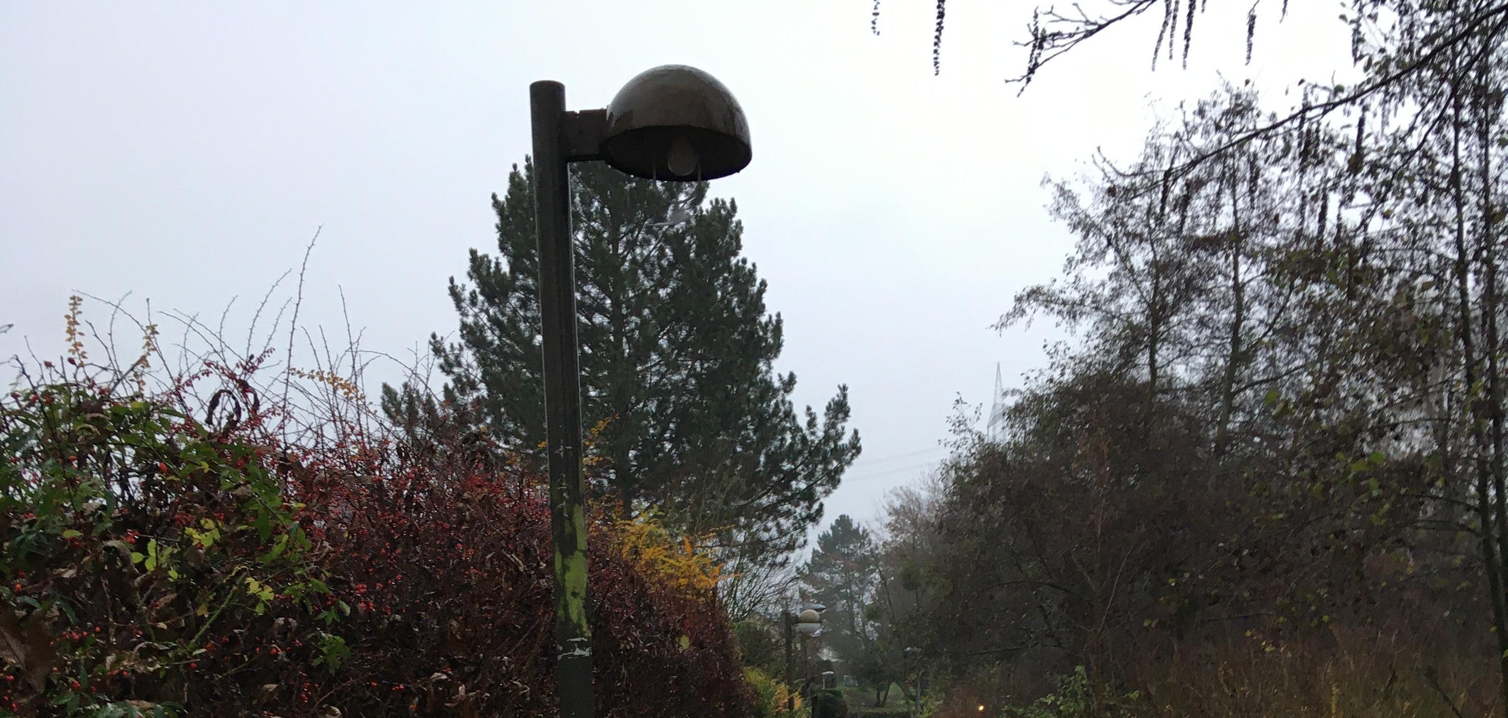 Laternen am Fußweg am See beim Bürgerhaus-/Rathaus-Parkplatz.