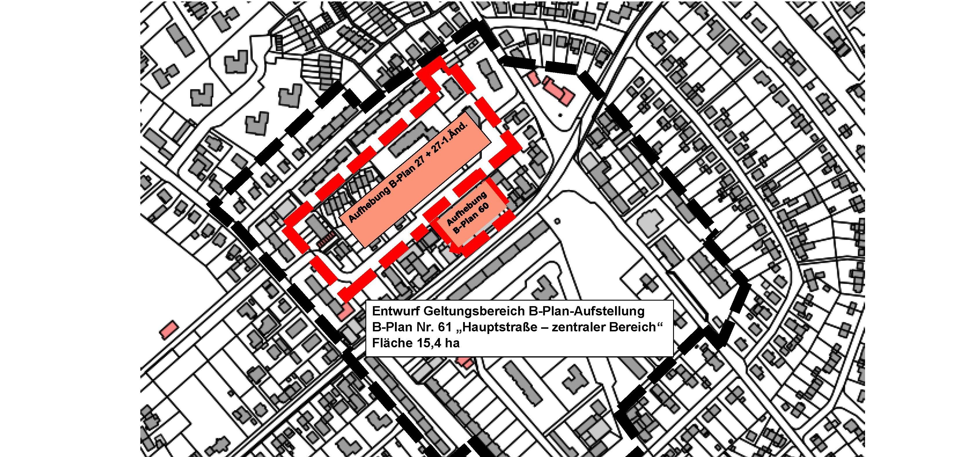 Unmaßstäblicher Übersichtslageplan mit Geltungsbereichsgrenze des Bebauungsplanes Nr. 61 „Hauptstraße – zentraler Bereich“