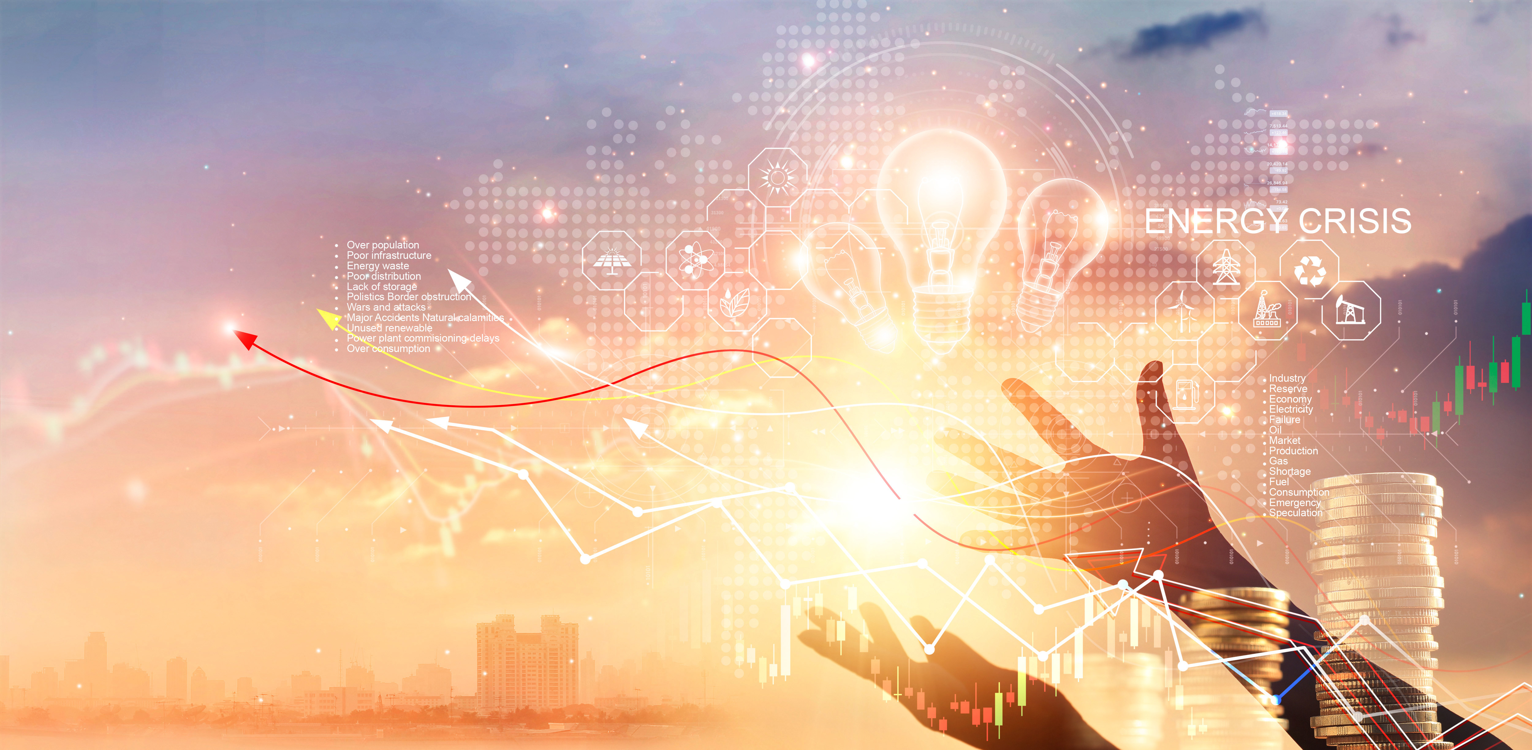 Energiekrise, Hände berühren Glühbirne mit Energie-Ressourcen-Symbol und steigende Grafik Datendiagramm, das Stromkrise, Wirtschaft und alternative Energie, Nachhaltigkeit. Ökologisch freundlich.