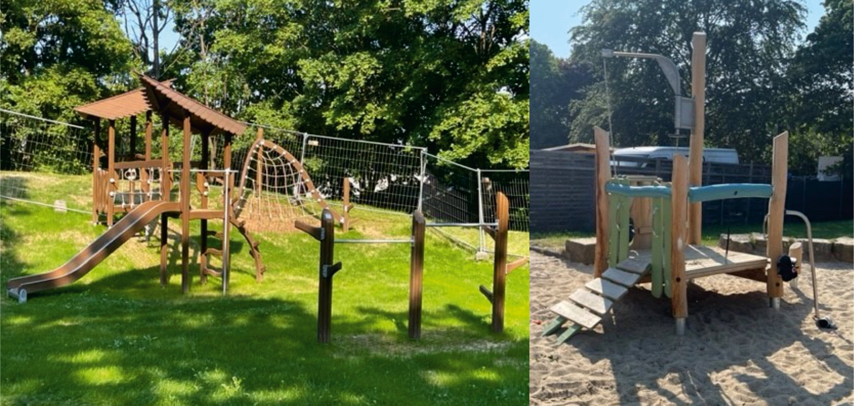 Neue Spielgeräte auf den Spielpätzen "Berliner Platz" und "Parkstraße": Flora Spielkombi mit zwei Türmen, Rutsche und Rutschstange, Flora Zweierreck und Flora Kletternetz sowie Oase Sandspielwerk mit Kran.