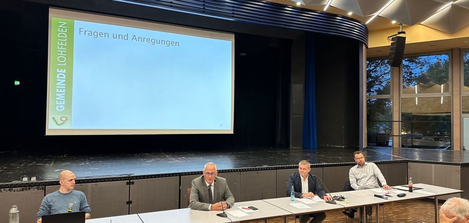 Gemeindevertretervorsitzender Norbert Thiele (2.v.r.), Bürgermeister Uwe Jäger (2.v.l.) und Fachbereichsleiter Kai Hast beantworteten die Fragen der Bürgerinnen und Bürger. Digitalisierungsbeauftragter Paul Schmette (l.) stelle die Umsetzung des Online-Zugangsgesetzes vor.