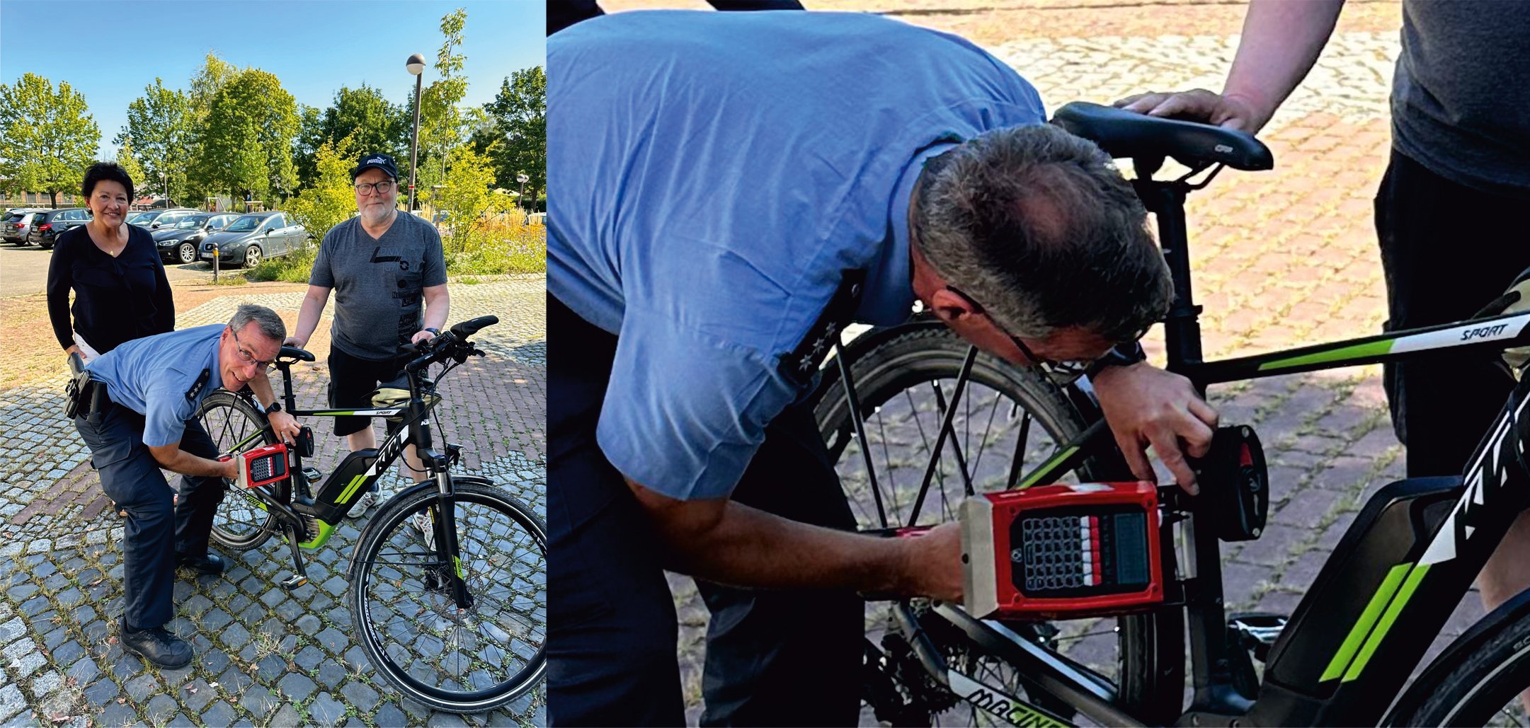 Winfried Richter ist mit seinem Pedelec jetzt auf der sicheren Seite. Markus Imke codierte das 2019 erworbene Rad am 28.08.2024 am Bürgerhaus-Familienraum. Erste Beigeordnete Bärbel Fehr freute sich sehr über die Akktion und bedankte sich herzlich für den tollen Service der Polizei.