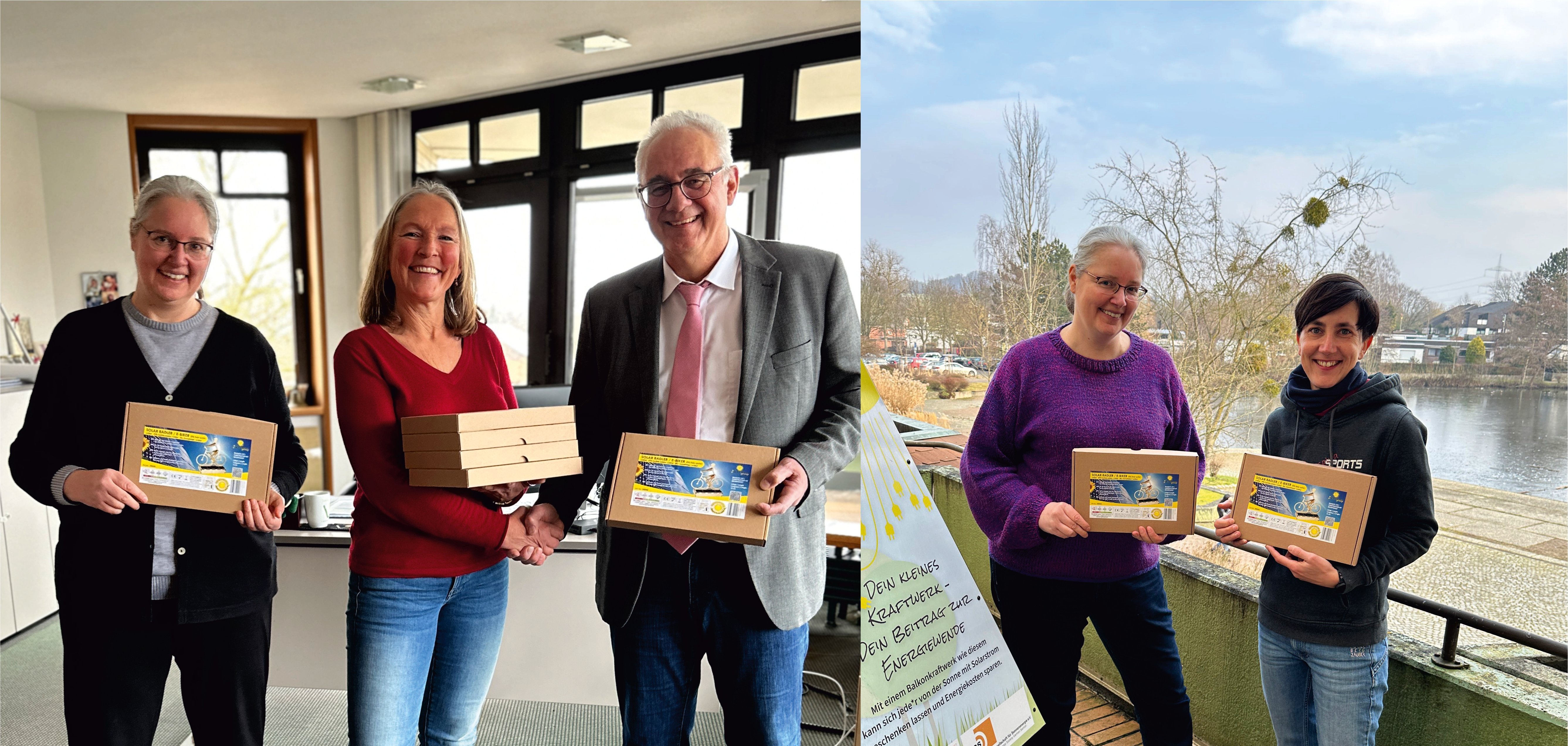 Die Klimaschutzbeauftragte der Grundschule Vollmarshausen, Petra Neukirch (M., linkes Foto), freute sich am 05.02. über Solar-Bastel-Sets von der Gemeinde Lohfelden. Bürgermeister Uwe Jäger und Klimaschutzmanagerin Ursula Paul überreichten Solarradelnde und Energiestationen. Die stellvertretende Schulleiterin der Regenbogenschule, Julia Kreß (r., rechtes Foto), nahm die Solarsets am 10.02. von Klimaschutzmanagerin Ursula Paul in Empfang und bedankte sich herzlich.