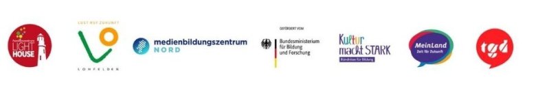 Logos der Mitwirkenden am Projekt "Angekommen in Deutschland" Lighthouse, Gemeinde Lohfelden, Bundesministerium für Bildung und Forschung, medienbildungszentrum nord, Kultur macht stark, Mein Land, tgd