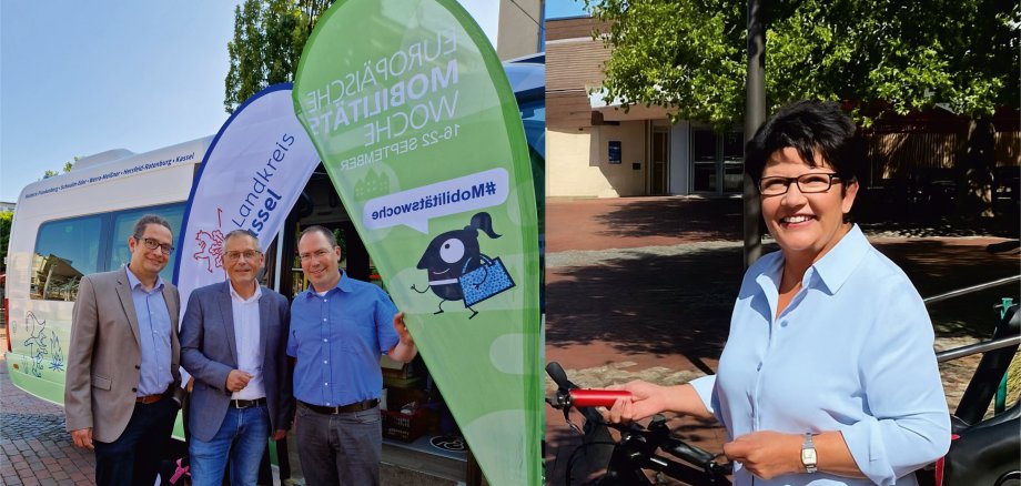 Auch in diesem Jahr freuen sich NVV-Geschäftsführer Marian Volmer, Landrat Andreas Siebert und Daniel Sallwey vom Busunternehmen Sallwey auf einen spannenden Austausch bei der Bürgersprechstunde im Bus. Erste Beigeordnete Bärbel Fehr freut sich auf zahlreiche Besucher der Lohfeldener Bürgerinnen und Bürger.