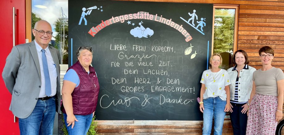 Verantwortliche der Gemeinde Lohfelden stehen vor Kita Lindenberg und verabschieden Kollegin Simone Kopecny in den Ruhestand Verantwortliche der Gemeinde Lohfelden stehen vor Kita Lindenberg und verabschieden Kollegin Simone Kopecny in den Ruhestand