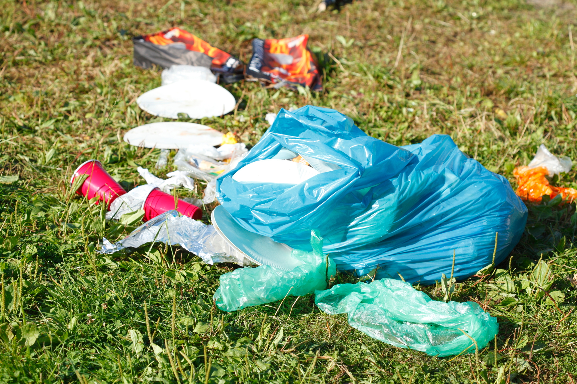 Müll auf einer Wiese nach einer Party