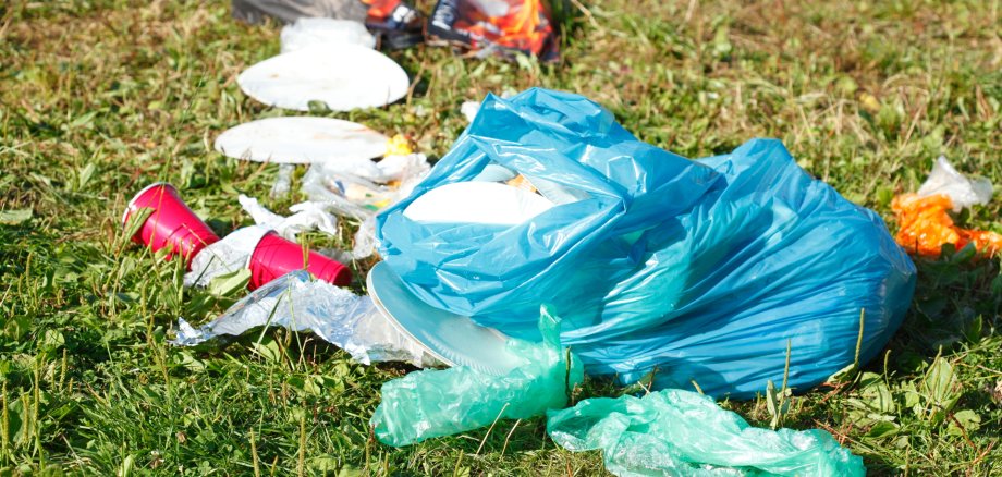 Müll auf einer Wiese nach einer Party Müll auf einer Wiese nach einer Party