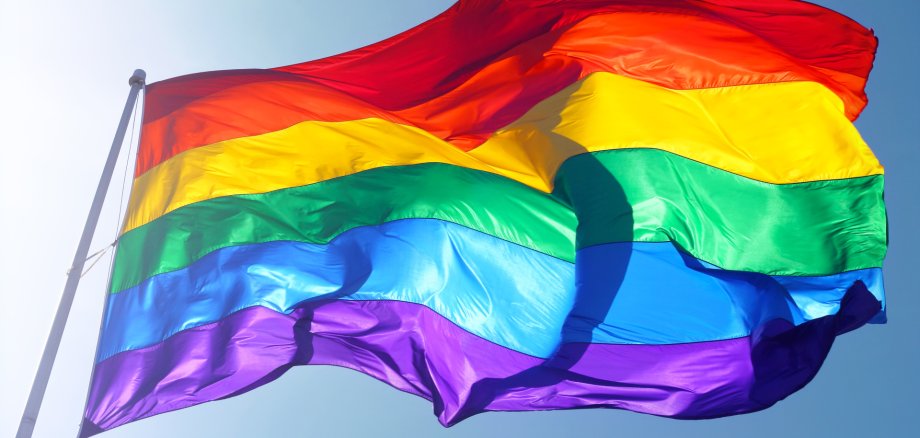 Rainbow flag, sun, wind, and blue sky