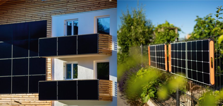 Blick auf Einfamilienhaus mit Holzfassade, davor Balkon-Kraftwerk und Fassadenkollektoren (links) Solarmodule hängen an einem am Gartenzaun aus Metall (rechts)