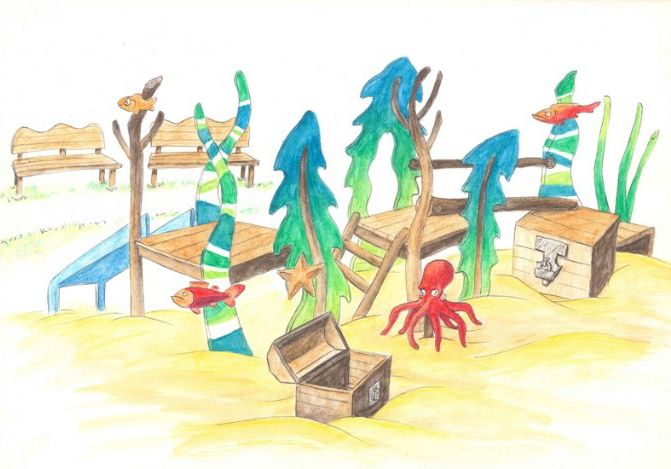 Der Sandspielbereich für Kleinkinder bekommt zusätzlich eine Teilüberdachung und einen Sandaufzug.