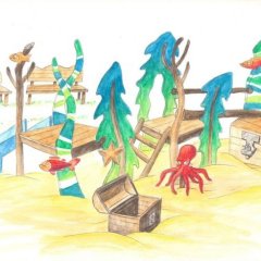 Der Sandspielbereich für Kleinkinder bekommt zusätzlich eine Teilüberdachung und einen Sandaufzug.
