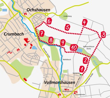 Plan des barrierefreien 4,5 km lange Impulswegs "Dem Leben auf der Spur" mit 10 Tafeln für Herz, Hand und Verstand.