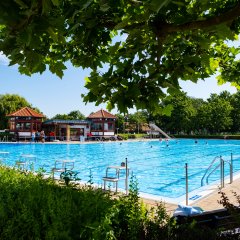 Blick auf das Schwimmbecken des Lohfeldener Freibads.