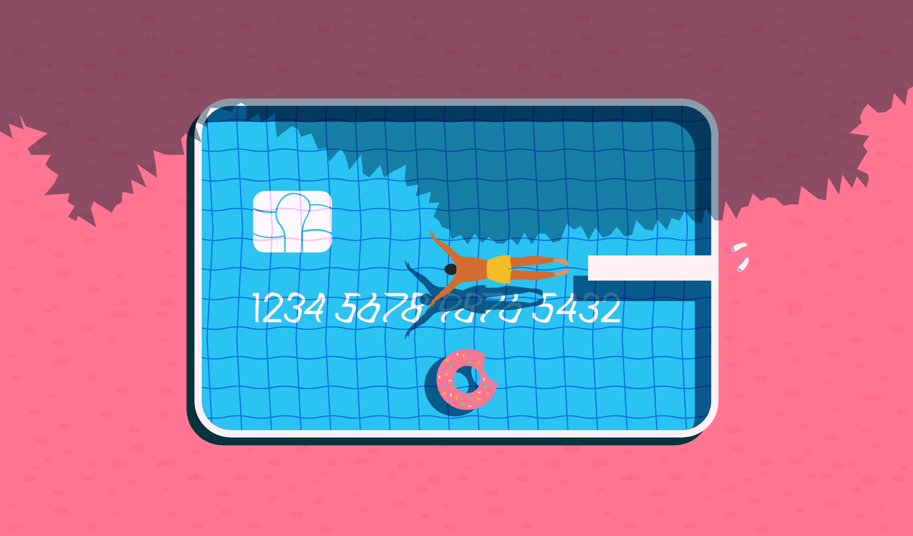 Schwimmbad-Eintritt online buchen und online bezahlen möglich! Mann taucht in einen Pool in Form einer Kreditkarte.