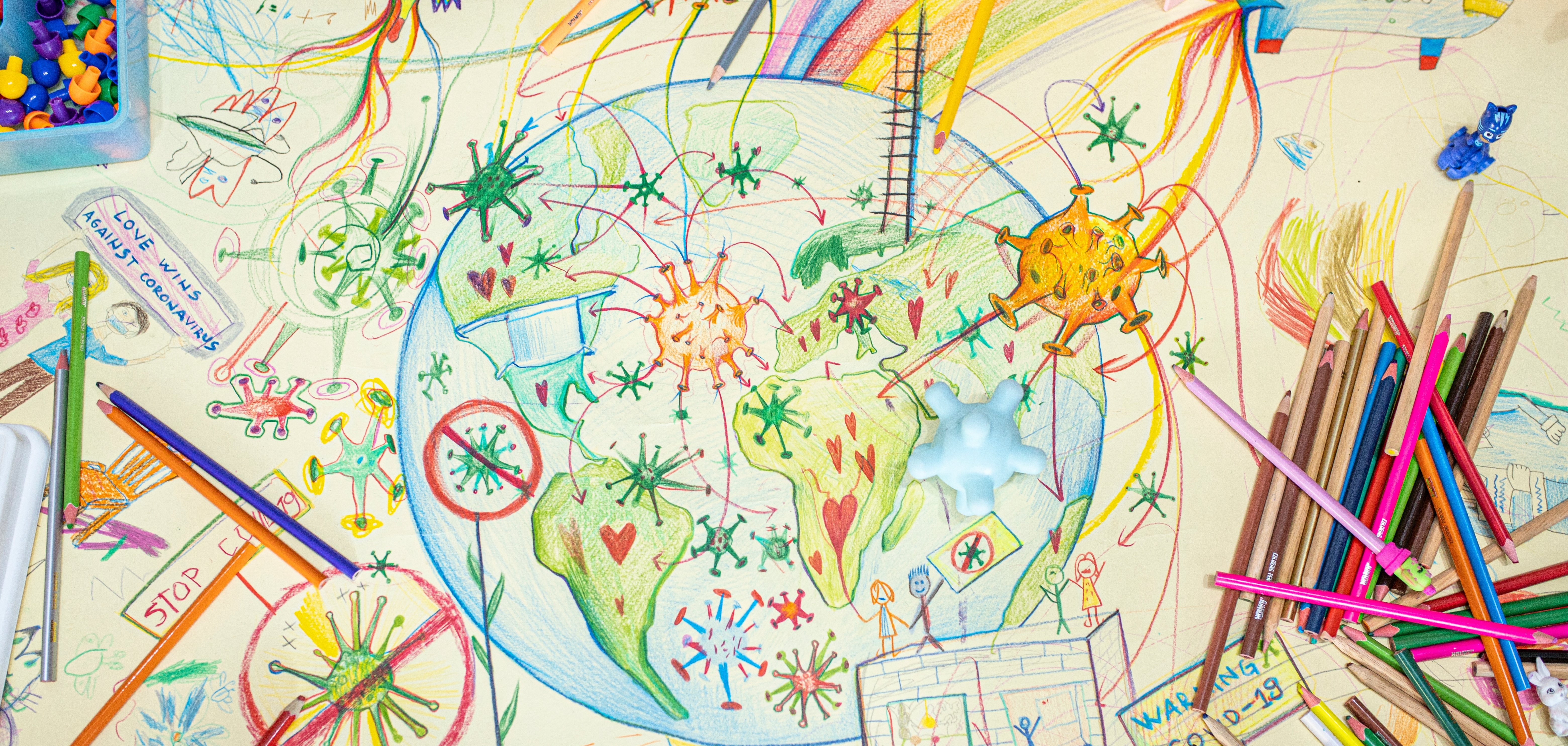 Kinderzeichnung der Welt mit dem Corona-Virus.