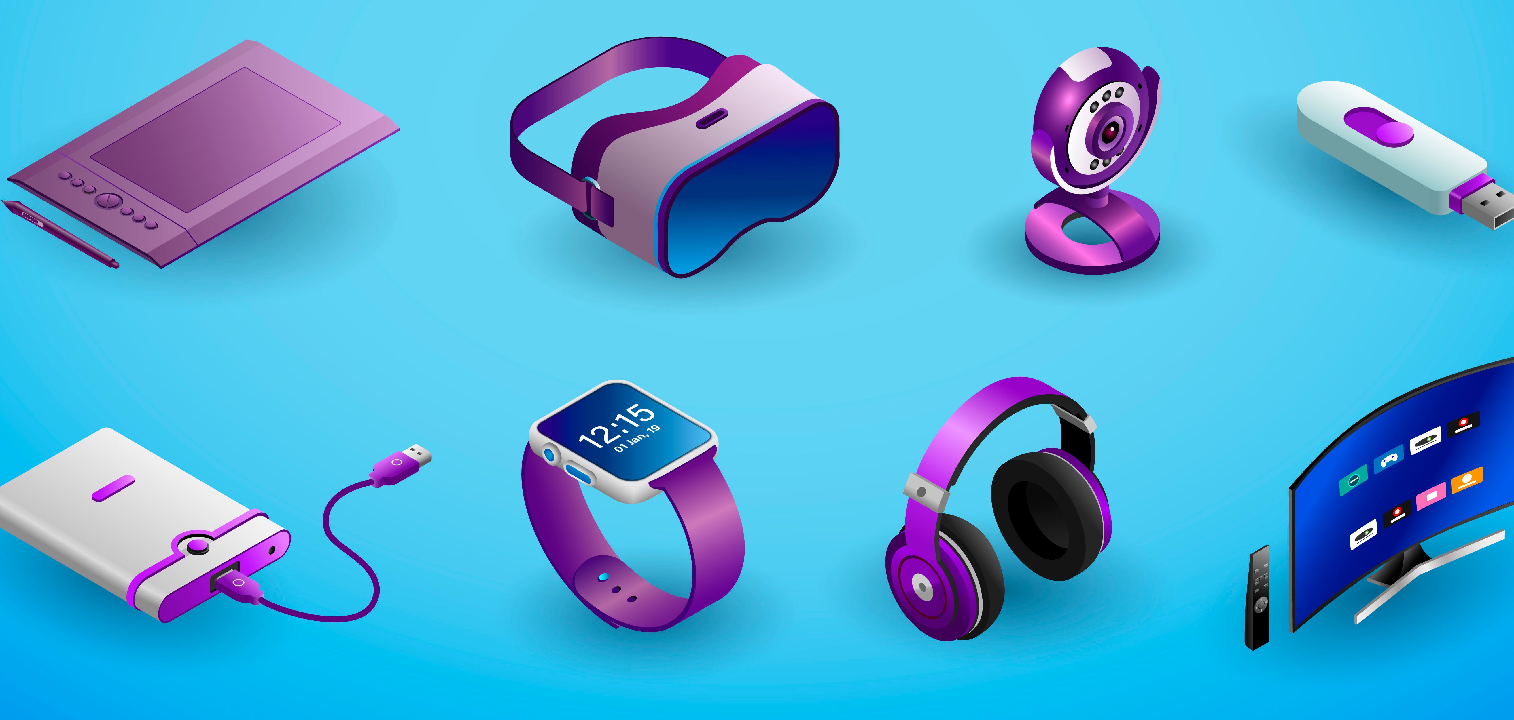 Elektronische Geräte: Vektor isometrische Illustration von elektronischen Geräten isoliert auf blauem Hintergrund. Desktop-PC, Laptop, Smartphone, digitales Tablet, Grafiktablett, Virtual-Reality-Brille, Webcam, USB-Stick, externe Festplatte, Smartwatch, Kopfhörer, Smart-TV