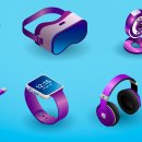 Elektronische Geräte: Vektor isometrische Illustration von elektronischen Geräten isoliert auf blauem Hintergrund. Desktop-PC, Laptop, Smartphone, digitales Tablet, Grafiktablett, Virtual-Reality-Brille, Webcam, USB-Stick, externe Festplatte, Smartwatch, Kopfhörer, Smart-TV