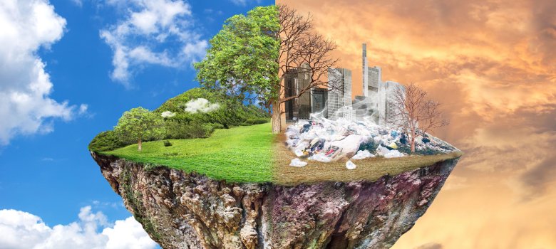 Globale Erwärmung und menschliche Abfälle, Verschmutzungskonzept - Nachhaltigkeit. Zeigt die Auswirkungen von trockenem Land mit Bäumen, die die Umwelt verändern, Konzept des Klimawandels. Himmelshintergrund, unterschiedliches Wetter