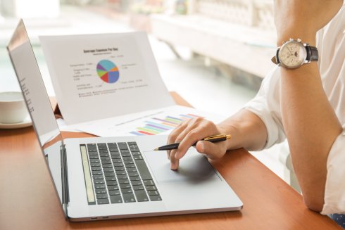 Buchhaltung/Steuer Hand, die einen Stift in der Hand hält und an einem Laptop mit einem Finanzbericht auf dem Tisch arbeitet.