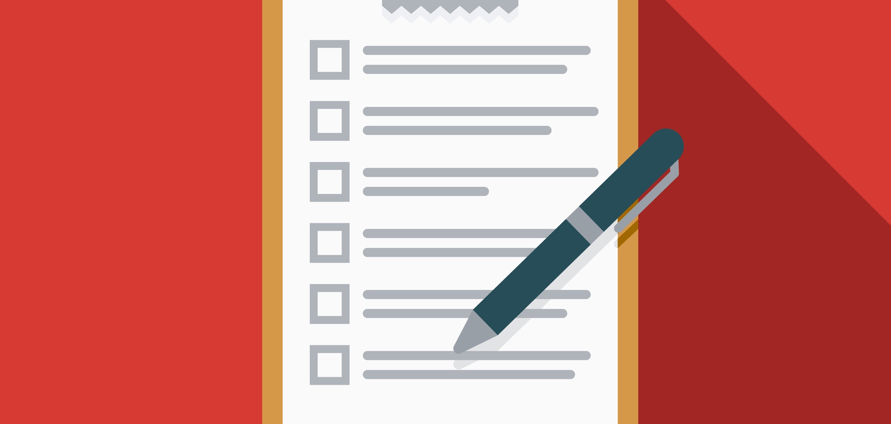 Zeichnung mit einer Liste mit Kästchen zum Ankreuzen und angedeuteter Schrift.