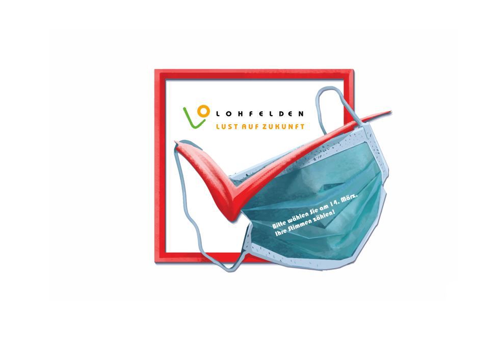 Wahl mit Hygienekonzept Roter Haken im Kästchen, Maske und das Logo der Gemeinde Lohfelden.