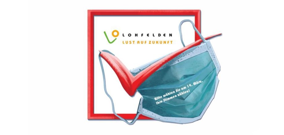 Roter Haken im Kästchen, Maske und das Logo der Gemeinde Lohfelden.