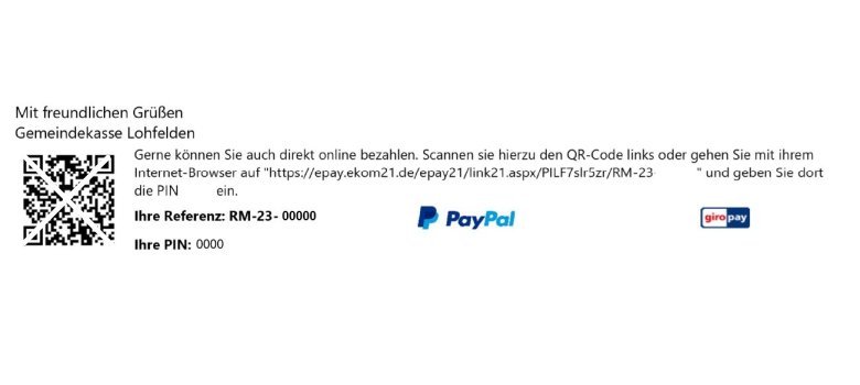 Auszug eines Mahnschreibens mit Verweis auf die Zahlungmöglichkeiten über Giropay und PayPal. Das Schreiben enthält einen QR-Code und Login-Daten für die elektronische Bezahlung.