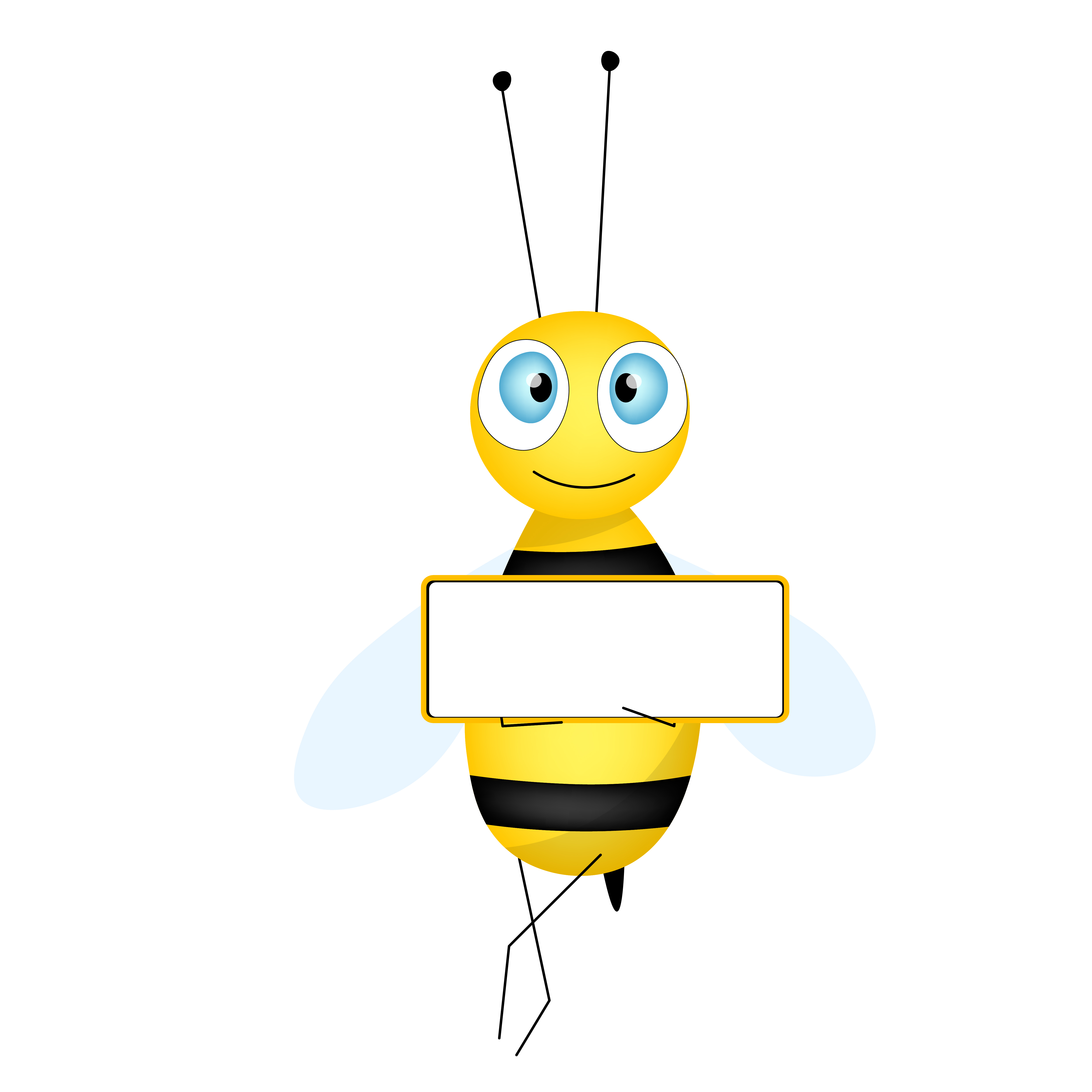 Bee-Bot Cartoon niedliche Biene Maskottchen. Fröhliche Biene mit einem leeren Tisch. Kleine Wespe. Vektor Zeichen. Insekt-Symbol. Urlaub Vorlage Design für Einladung, Karten, Tapete, Schule, Kindergarten. Kopierraum.