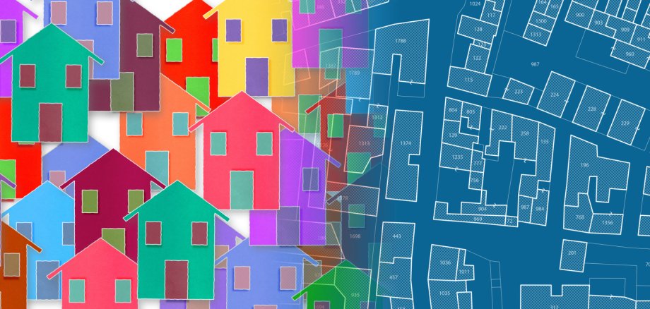 Global village concept with an imaginary cadastral map on background and cityscape