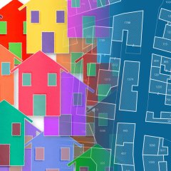 Global village concept with an imaginary cadastral map on background and cityscape