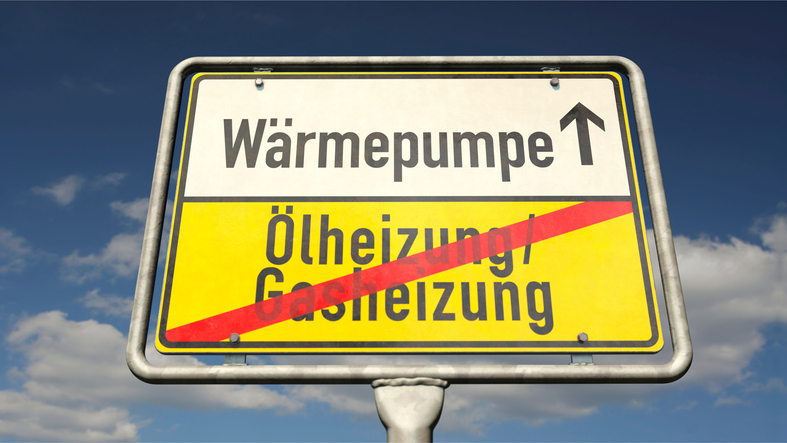A German place-name sign with the German words "Oel- /Gasheizungen" (Oil and gas heating) and "Waermepumpe" (heat pump)