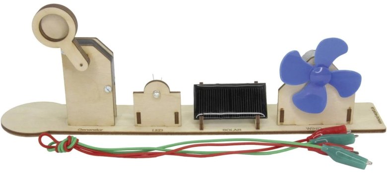 Durch Energie, Sonnenlicht, Pusten oder durch Kurbeln erzeugt und treibt die Energiestation verschiedene Verbraucher wie LED, Motor oder Gebläse an.