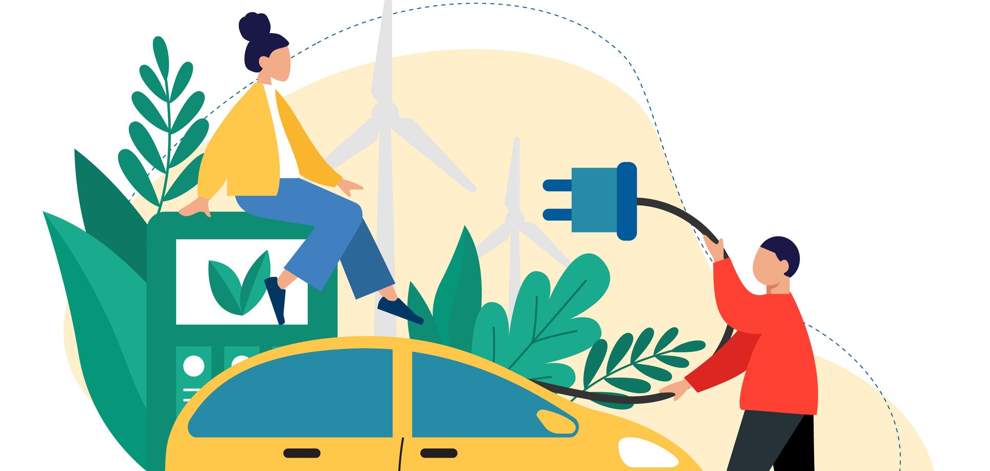 Paar kommt an der Ladestation an. Ein Mann bereitet sich darauf vor, das Elektroauto an den Strom anzuschließen. Vorteile der grünen Energie. Umweltfreundliche städtische Infrastruktur und Verkehr.