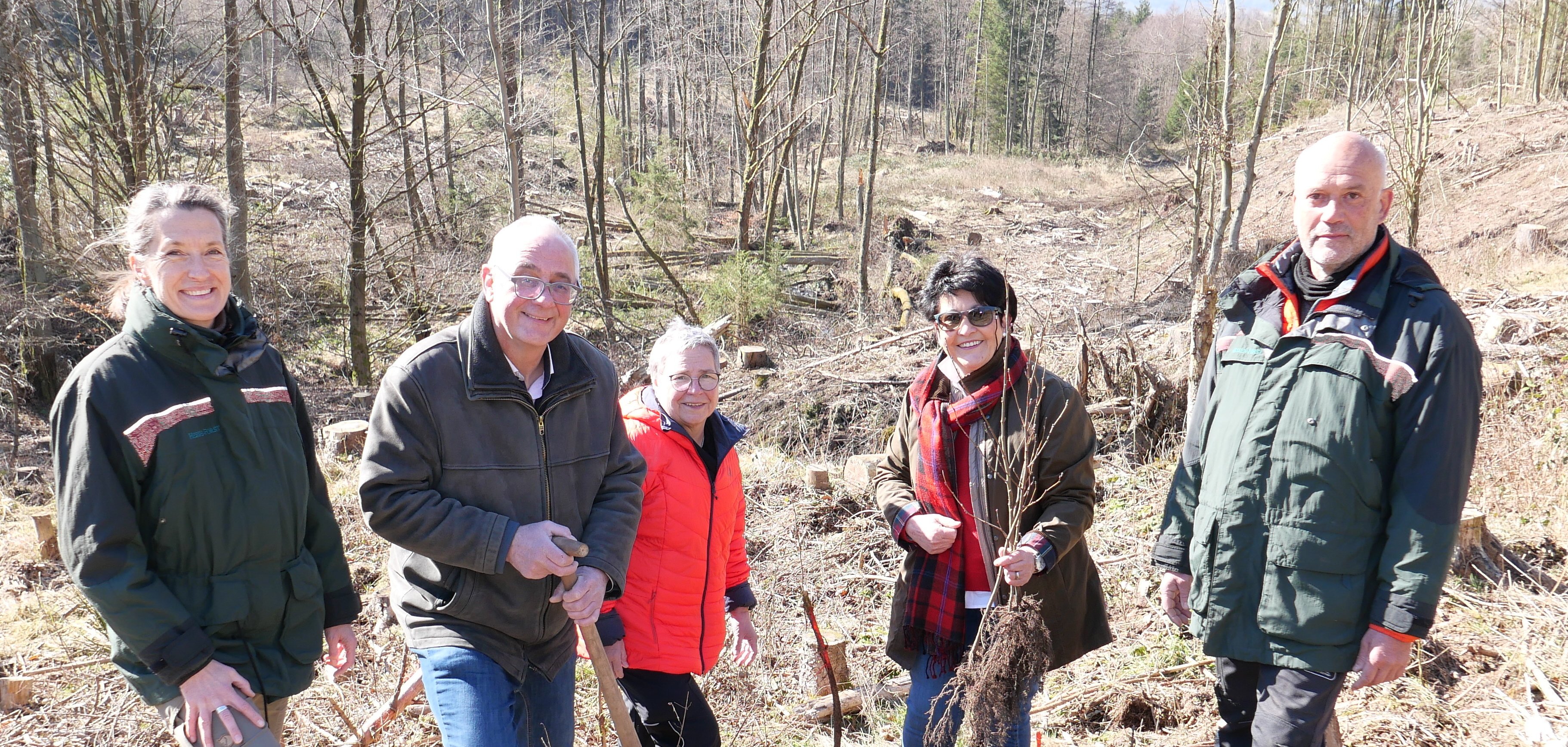 Forstamtsleiterin Petra Westphal (l.) und Revierförster Peter Rothämmel (r.) zeigten (v. l.) Bürgermeister Uwe Jäger, Beigeordneter Ursula Sturm und Erster Beigeordneter Bärbel Fehr die Fläche im Söhrewald, die durch Spenden aus Lohfelden aufgeforstet werden kann.