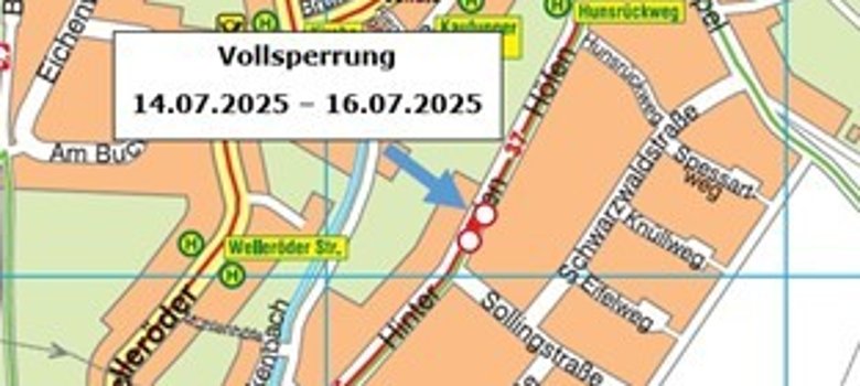 Am Montag, den 14.07.2025 bis zum Mittwoch, den 16.07.2025 finden im Bereich zwischen „Hunsrückweg und Sollingstraße mehrere kleinere Maßnahmen statt. In Höhe der Hausnummer 18 wird im Rahmen einer dieser Maßnahmen die Straße auf wenige Meter komplett gesperrt. Am Montag, den 14.07.2025 bis zum Mittwoch, den 16.07.2025 finden im Bereich zwischen „Hunsrückweg und Sollingstraße mehrere kleinere Maßnahmen statt. In Höhe der Hausnummer 18 wird im Rahmen einer dieser Maßnahmen die Straße auf wenige Meter komplett gesperrt.