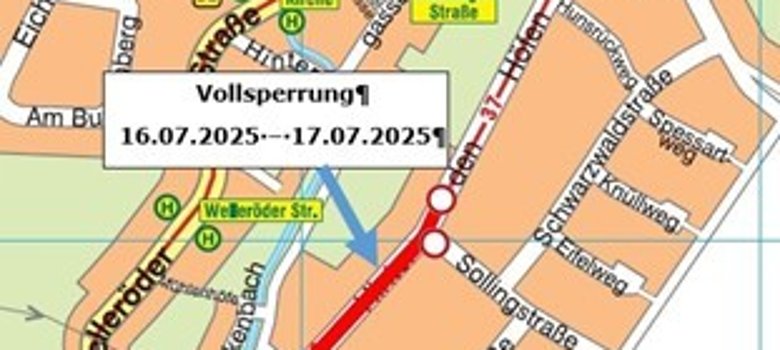 Ab Mittwoch, 16.07.2025 bis einschließlich Donnerstag, 17.07.2025 ist der Streckenabschnitt beginnend in Höhe der Hausnummer 18 bis in Höhe der Bushaltestelle „Hinter den Höfen“ komplett gesperrt. Ab Mittwoch, 16.07.2025 bis einschließlich Donnerstag, 17.07.2025 ist der Streckenabschnitt beginnend in Höhe der Hausnummer 18 bis in Höhe der Bushaltestelle „Hinter den Höfen“ komplett gesperrt.