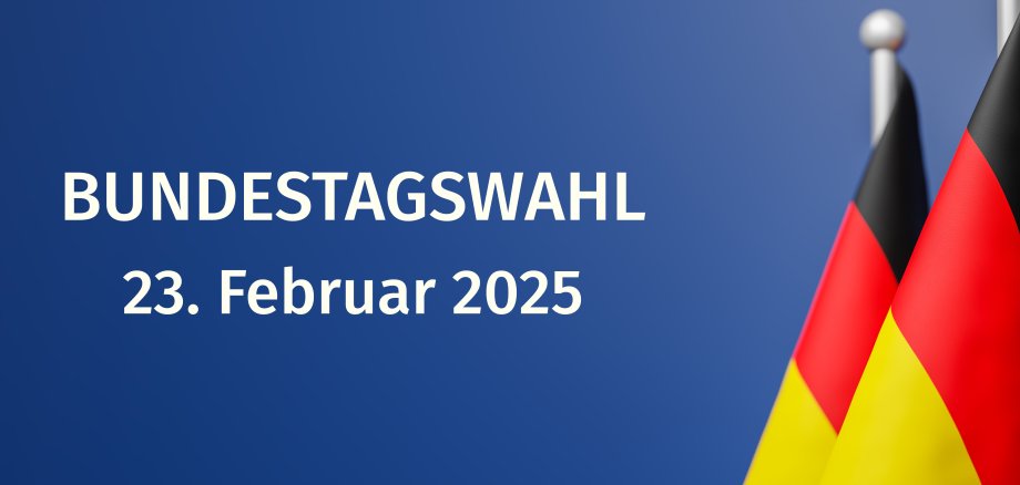 Text "Bundestagswahl 23. Februar 2023" (Federal Election) on Flags of Germany in front of  a blue background. Selective focus on front flag.